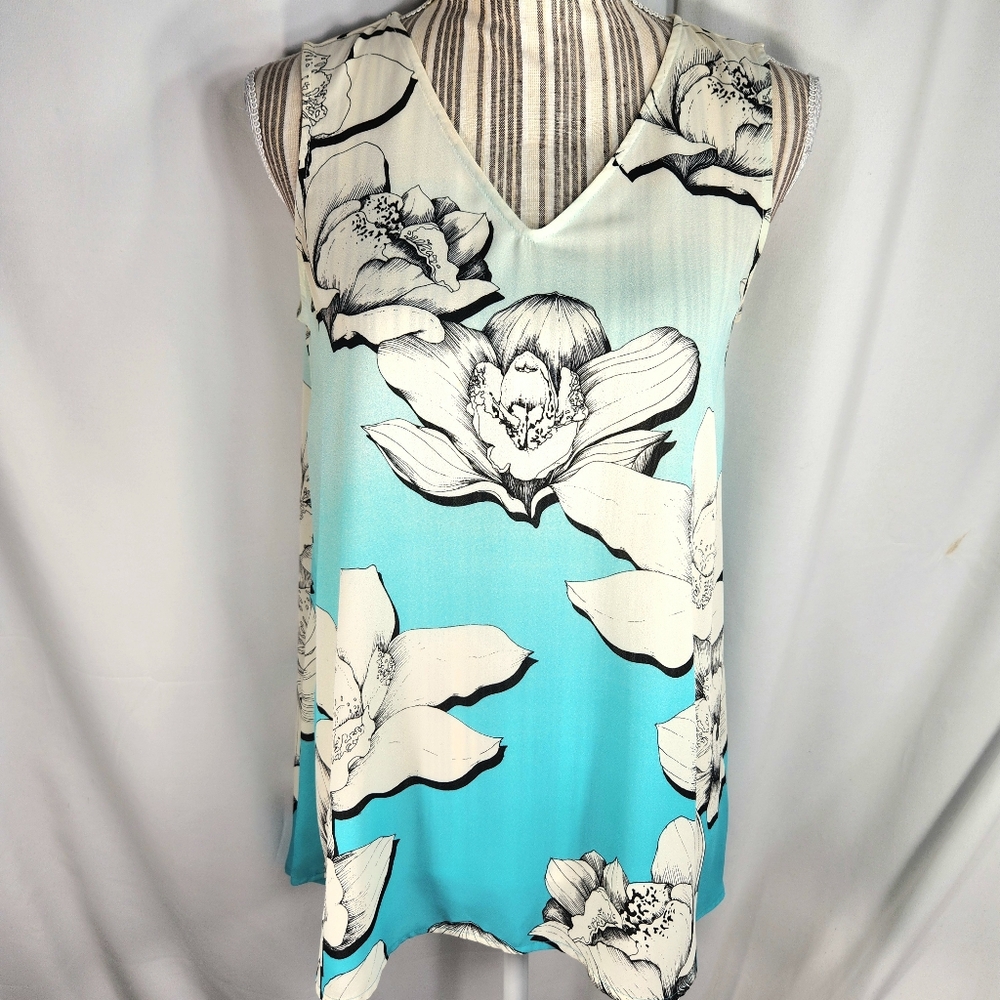 Alfani NWOT Turquoise w/White & Black Floral Print V Neck Sleeveless Top Size 4